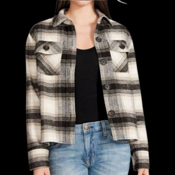 BB Dakota Black Tan Ivory Plaid Shaket Jacket Woman's Size Large - Picture 1 of 13